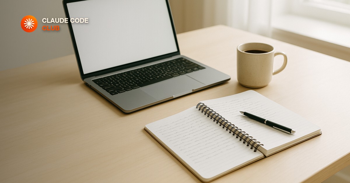 A calm, bright modern desk with an open laptop and a notebook of prompt notes, branded Claude Code Club hero for how to prompt Claude Code