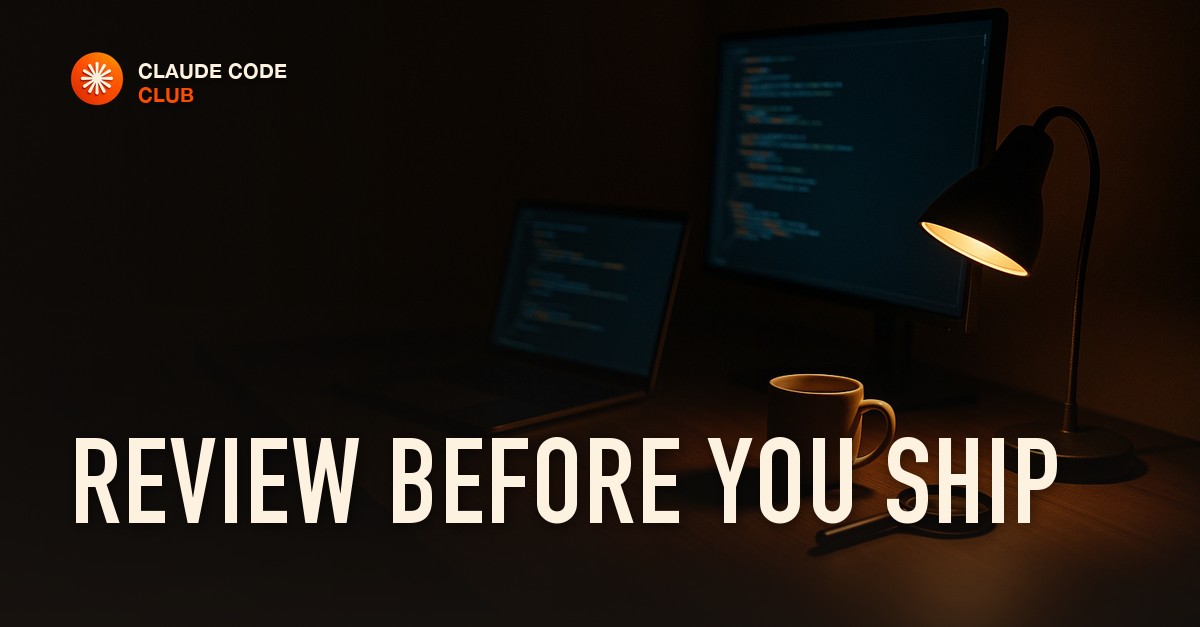 A moody late-evening desk with a laptop and monitor glowing in a dark room, branded Claude Code Club hero for reviewing Claude Code output before you ship it