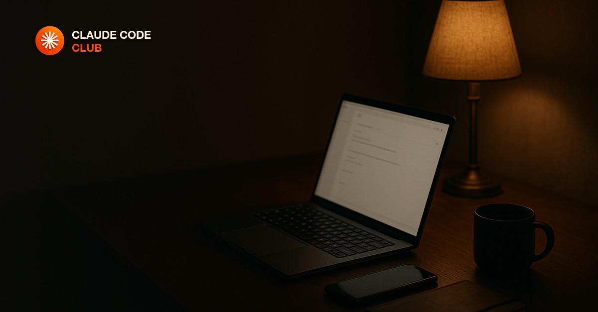 A moody, focused workspace with a laptop showing an email draft and a coffee, branded Claude Code Club hero for how to write a cold email that lands AI clients