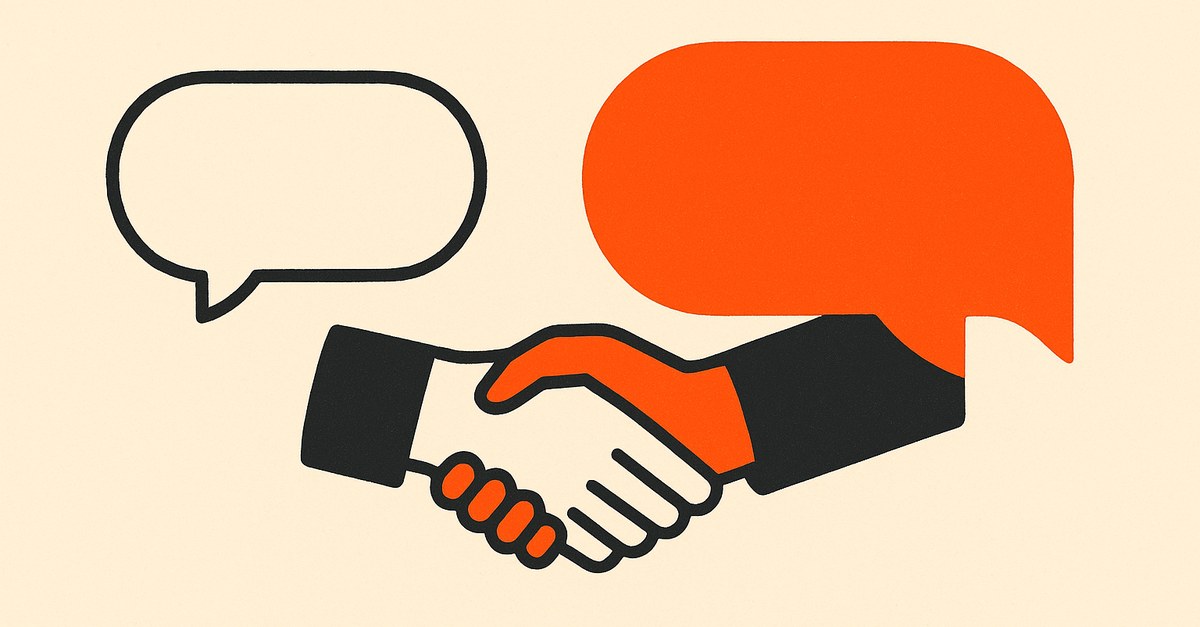A branded illustration of a small hollow speech bubble and a bold solid one resolving into a handshake - an objection turning into agreement