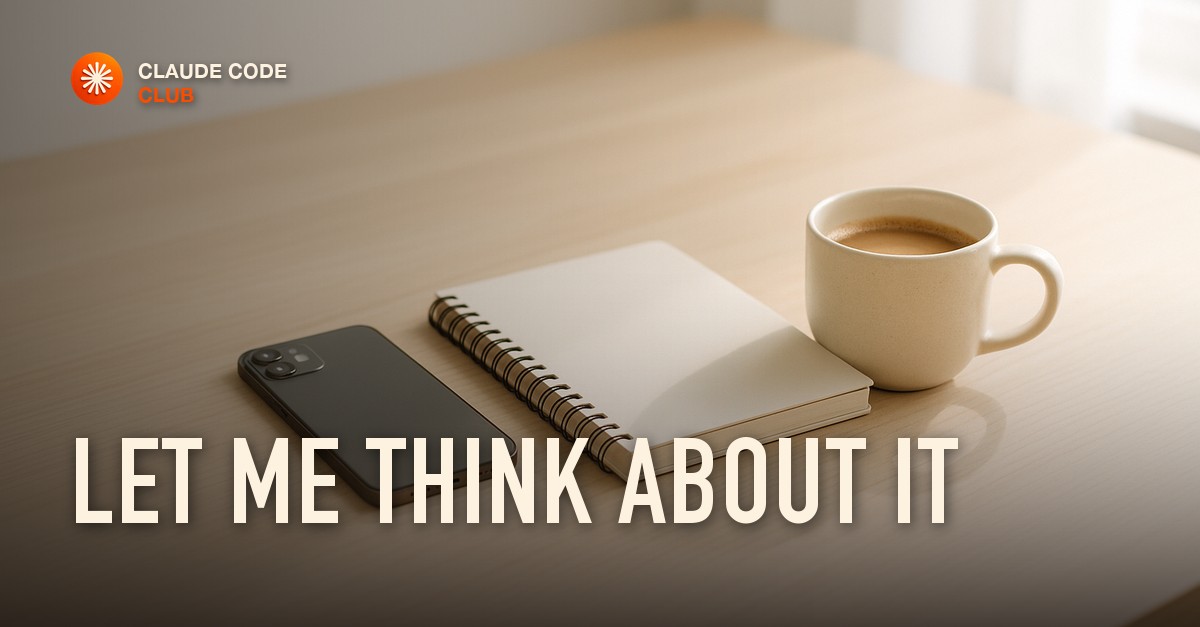 A bright, calm desk with a phone lying face-down beside a notebook and coffee, branded Claude Code Club hero for handling the 'let me think about it' objection