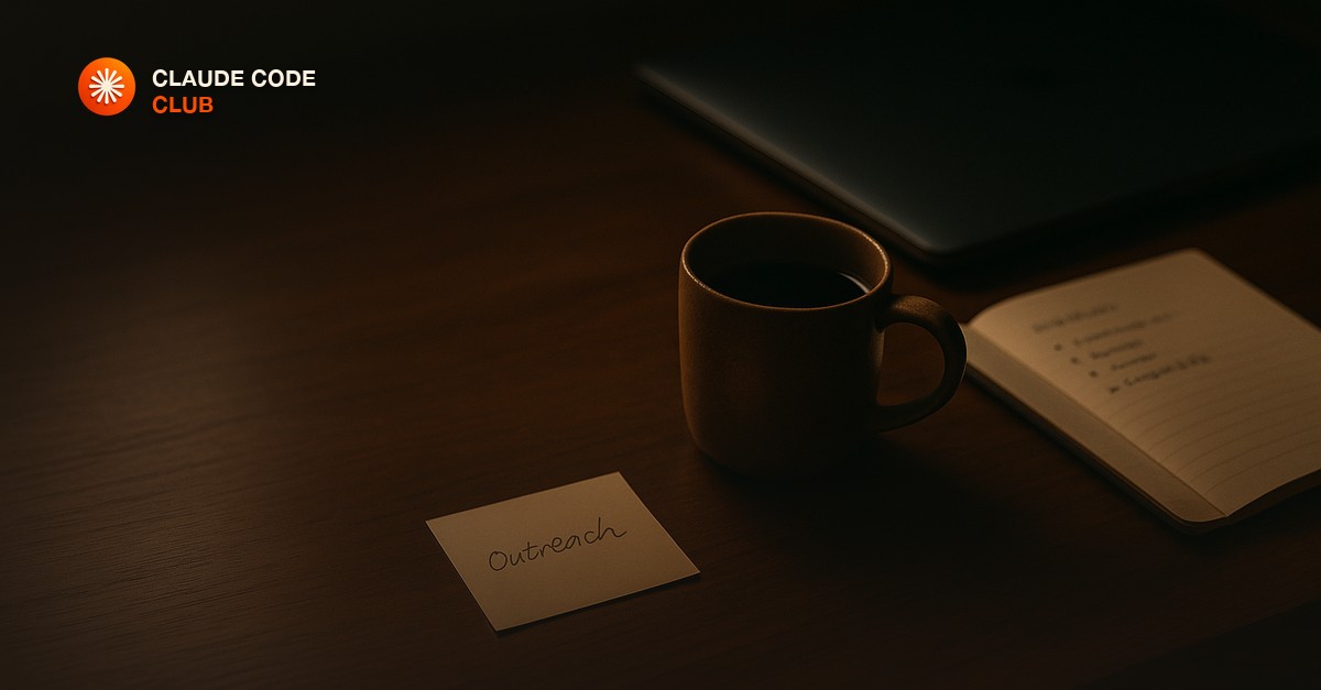 A minimal desk with a handwritten note about outreach, a coffee cup, an open notebook with a short list, and a closed laptop in the background, cinematic moody afternoon light, warm amber tones