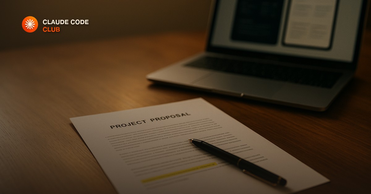 A printed project proposal on a desk with a highlighted line near the bottom, a pen resting across it, a laptop showing a muted before-and-after screen comparison in the background, warm evening light