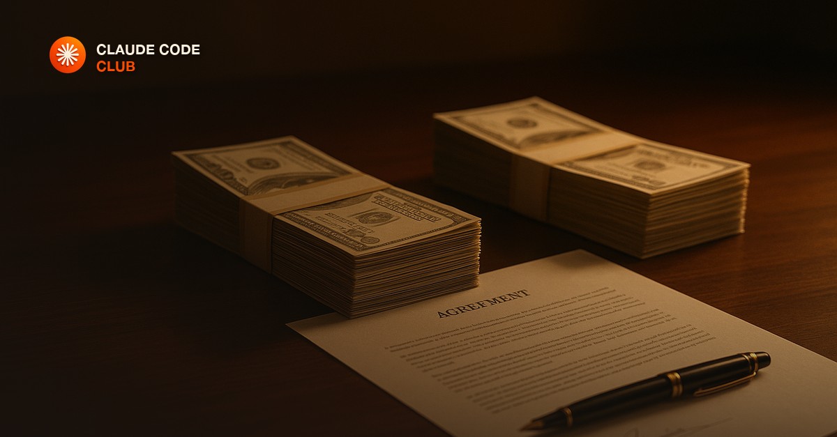 Two neat stacks of paper currency and a signed one-page agreement on a dark wood desk under warm evening light, a pen resting across the pages