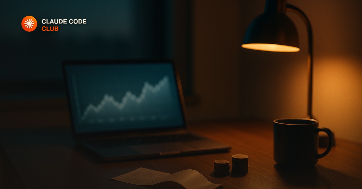 A tidy dark wooden desk at dusk with a single glowing laptop showing a softly blurred line chart, a small neat stack of coins beside a curling paper receipt, a warm desk lamp and a cold coffee mug, cinematic teal and amber light