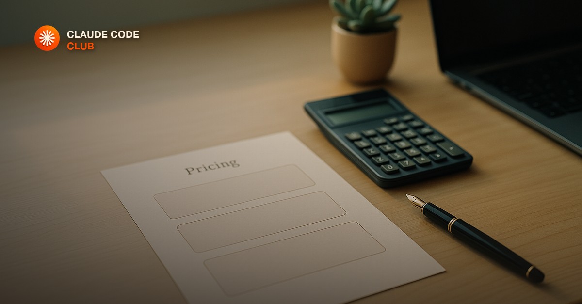A calm desk scene with a printed pricing sheet showing three blank tiers beside a calculator and a fountain pen, a laptop half open in soft focus, a small succulent, warm neutral daylight, muted teal and amber tones