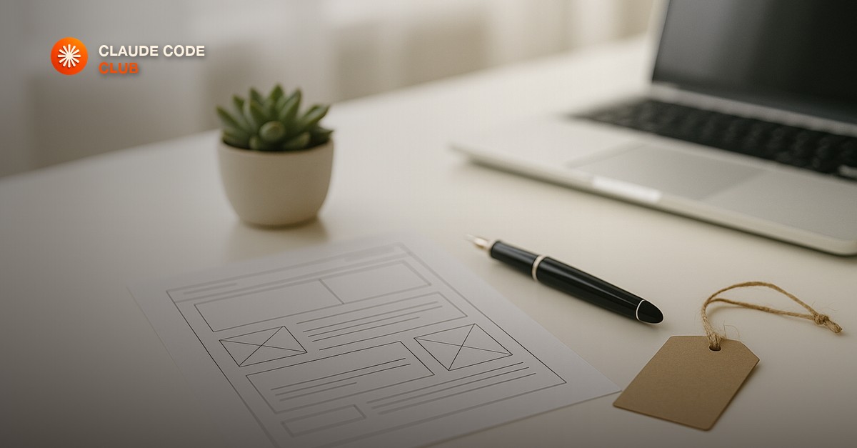 A bright white desk with a printed webpage wireframe sheet, a fountain pen, a small potted succulent, a blank kraft paper tag on twine, and a laptop in soft focus behind, airy morning window light
