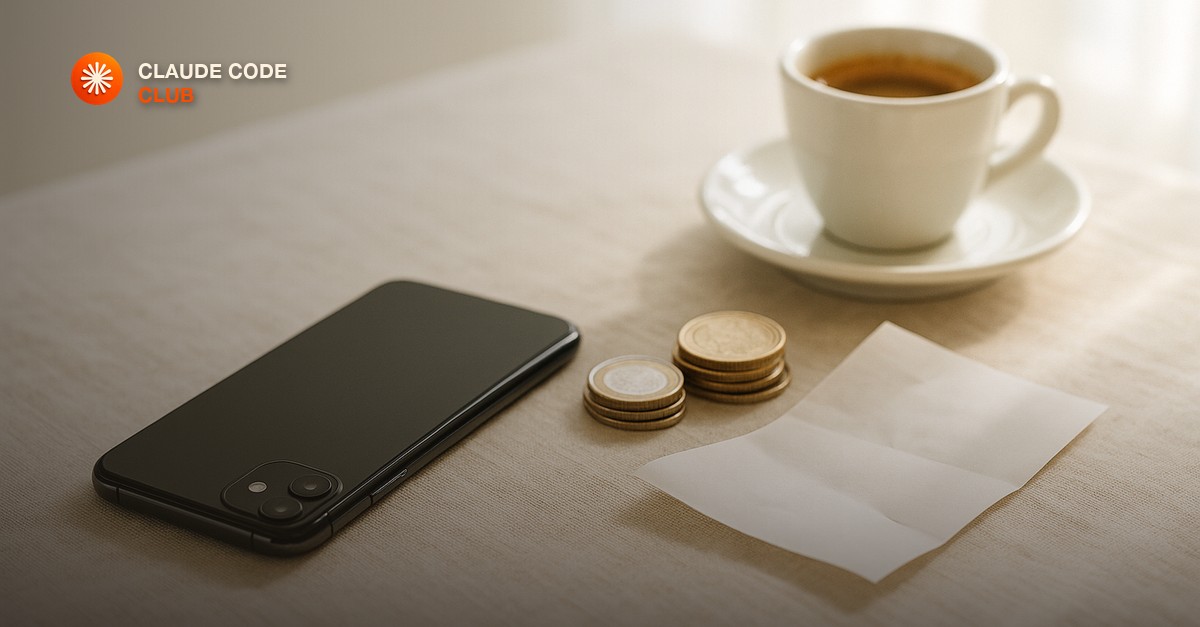 A smartphone lying face down on a pale linen tablecloth beside two small stacks of coins, a folded blank slip of paper and a cup of espresso on a saucer, in bright window light