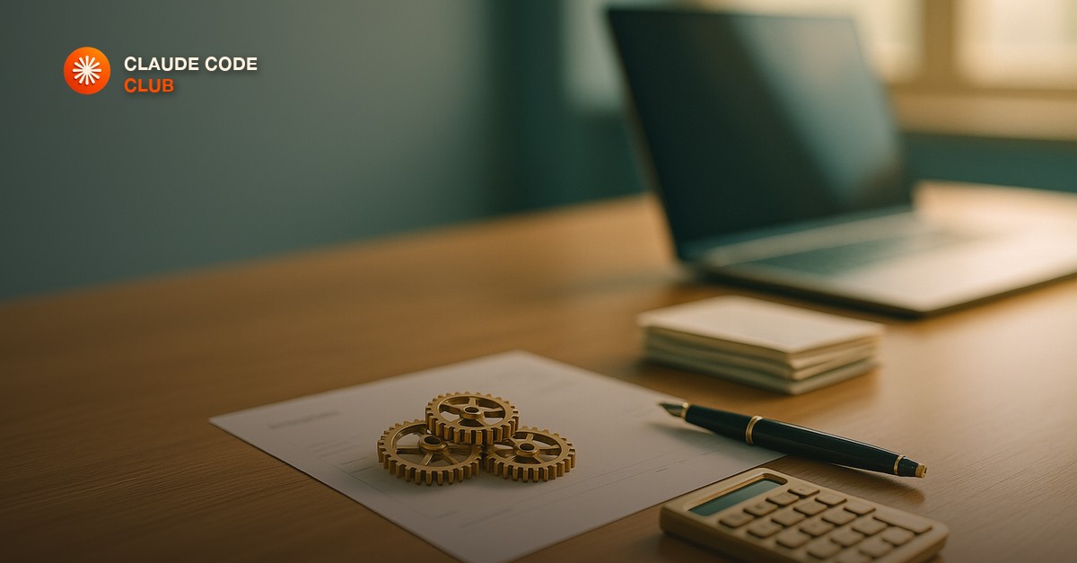 A bright wooden desk with three small brass gears resting on a printed invoice beside a fountain pen, a calculator, and a neat stack of receipts, a laptop in soft focus behind, warm morning window light