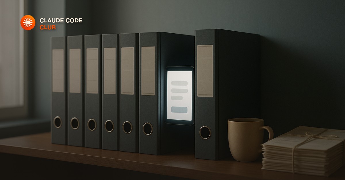 A neat office shelf of labeled binders with one replaced by a small glowing tablet showing a simple form, beside a coffee mug and a stack of paper forms tied with string, in soft overcast window light
