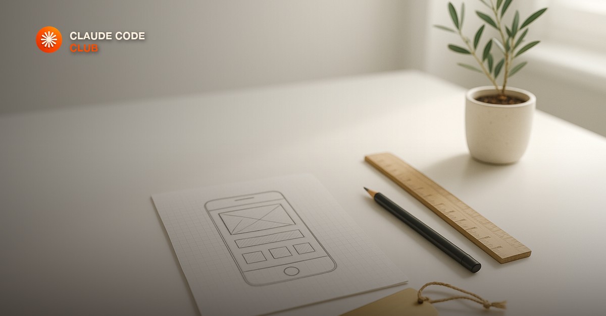 A minimal white desk with a hand-drawn app prototype sketch on graph paper, a wooden ruler, a pencil, a kraft price tag on twine, and a small potted olive sprig in bright morning window light