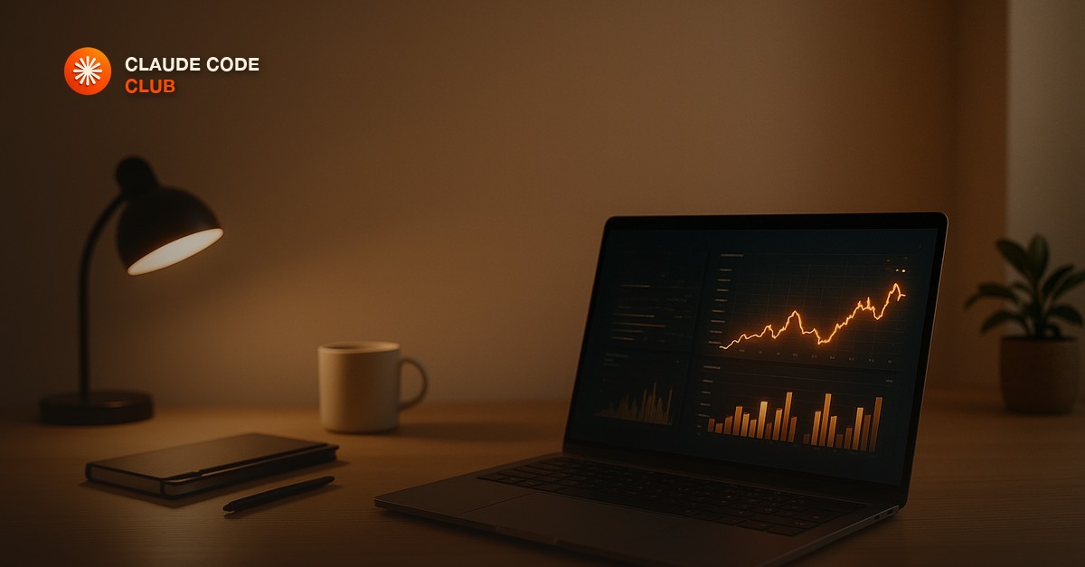 Open laptop on a modern home office desk displaying glowing data charts on a dark interface, warm evening light