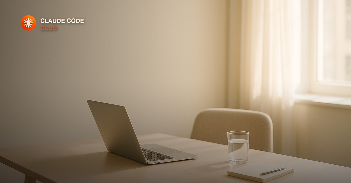 A bright minimal meeting table with a closed laptop angled toward an empty chair, a glass of water, a small notebook and a pen, in soft morning window light