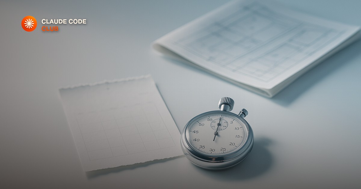 A torn wall calendar page beside a mechanical stopwatch and a folded blueprint on a bright desk