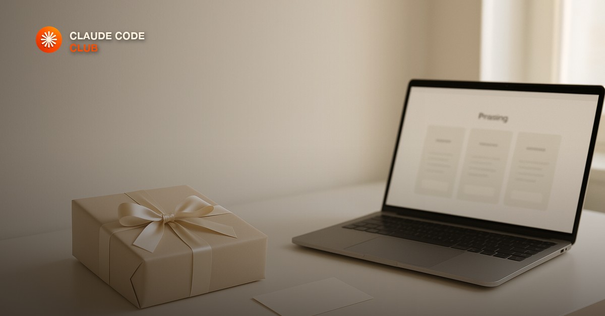 A clean minimal desk with a neatly wrapped product box tied with a ribbon, a small card, and a laptop showing a polished pricing page, bright editorial window light
