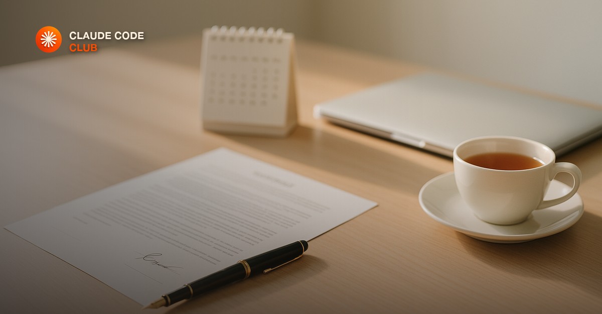 A calm bright office desk in morning light with a signed paper contract, a fountain pen resting on it, a small monthly desk calendar, a closed silver laptop and a cup of tea on a saucer, soft minimal editorial mood