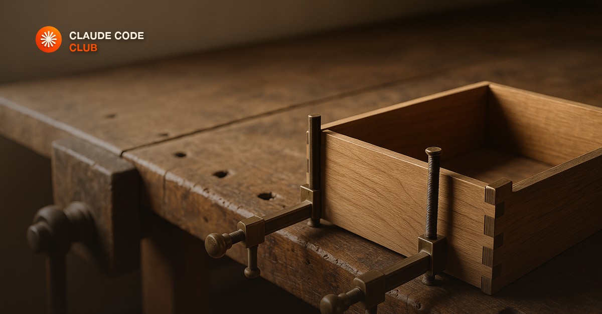 An antique joiner's workbench with a half-disassembled dovetailed drawer held square by brass clamps in warm morning light