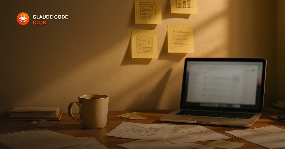A small energetic home office desk on a weekend afternoon, a half-empty coffee mug, sticky notes with rough sketches on the wall, an open laptop with a blurred interface on screen, warm afternoon light on scattered papers, editorial mood