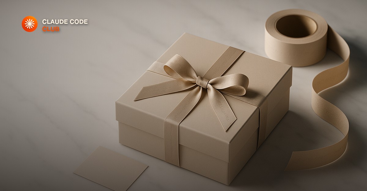 A premium gift box being sealed with a branded ribbon on a marble surface, surrounded by elegant packaging tape and a small card in soft diffused studio lighting