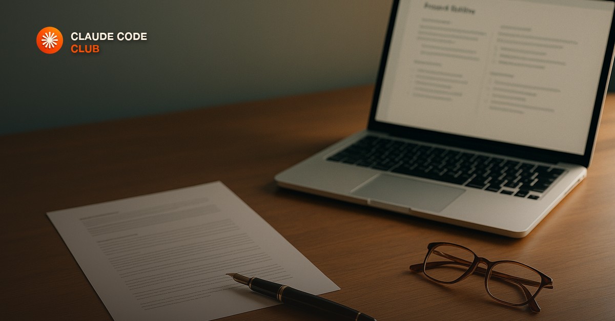 A calm professional desk with a printed single-page document beside a fountain pen, a laptop showing a clean project outline, folded reading glasses, warm neutral daylight, muted teal and amber tones