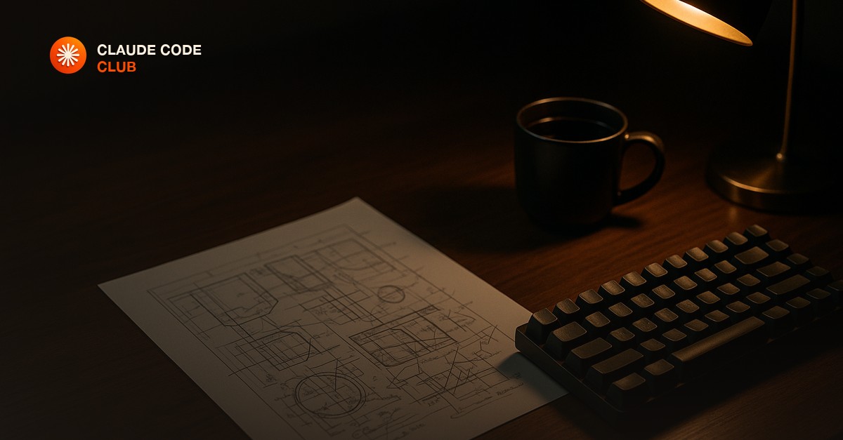 A sleek wooden desk with a printed technical document covered in handwritten annotations, a mechanical keyboard, a cup of black coffee, and a moody cinematic lamp casting warm directional light