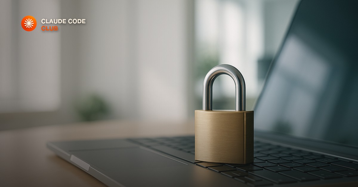 A padlock resting on a laptop keyboard in a clean modern office, soft daylight, a quiet sense of security