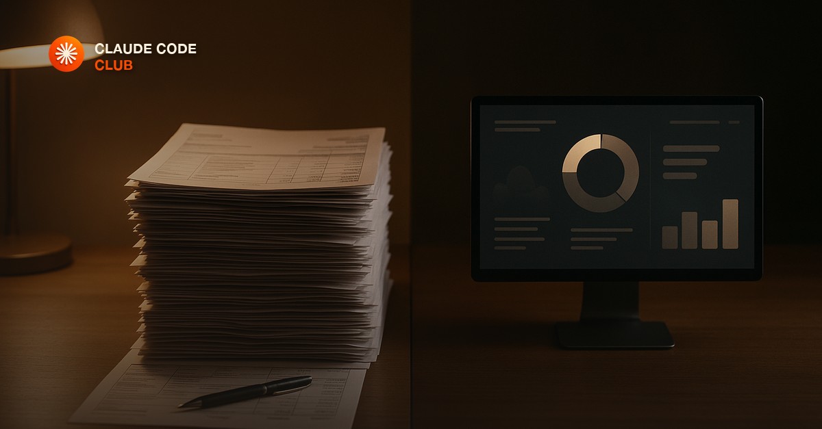 A desk split in half, one side stacked with printed invoices, the other side a small monitor showing a simple subscription billing screen, warm desk lamp light