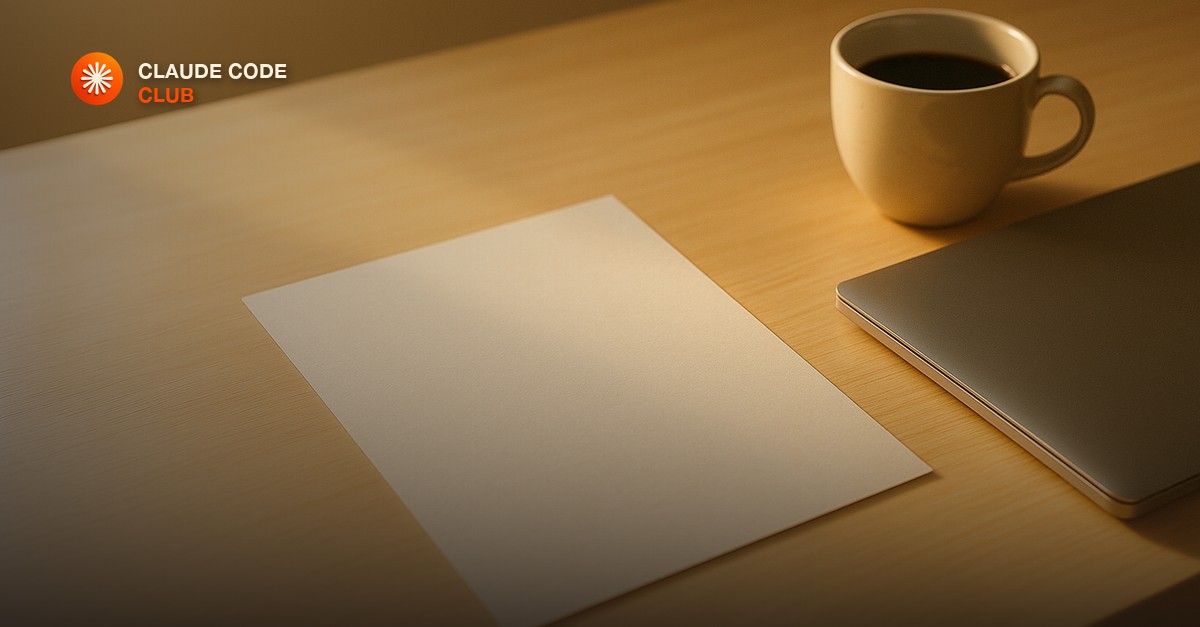 A single clean sheet of paper resting on a light wood desk beside a closed laptop and a cup of black coffee in soft golden morning light.