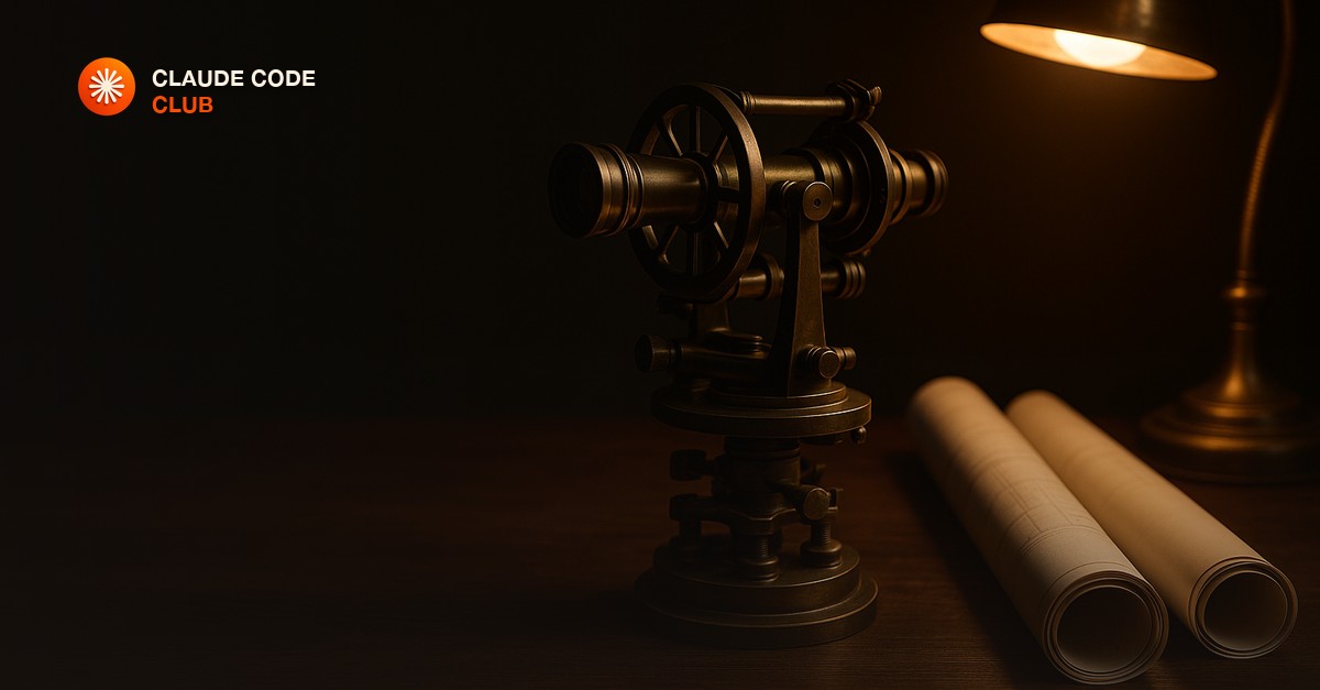 A brass surveyor's theodolite and tightly rolled blueprints on a dark oak table lit by a single warm desk lamp