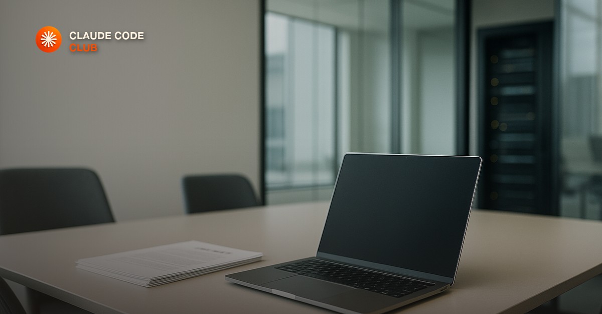 A laptop and a stack of printed contract pages on a minimalist glass table in a modern meeting room, a blurred server rack visible through a doorway