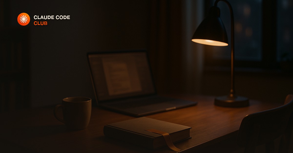 A cozy home office at dusk with a laptop left open mid-project, a bookmark ribbon across a closed book, and a warm desk lamp, evoking picking up where you left off