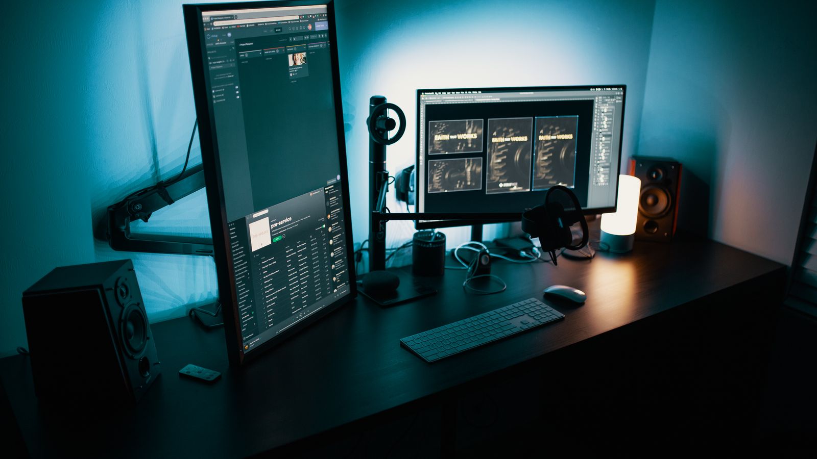 A dark home office with monitors glowing at night while work runs unattended
