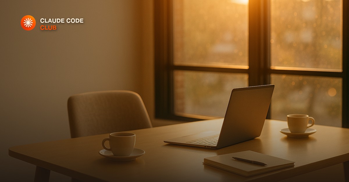 A bright office meeting table by a window with a laptop turned to face a client chair, two coffees and a notebook in warm light