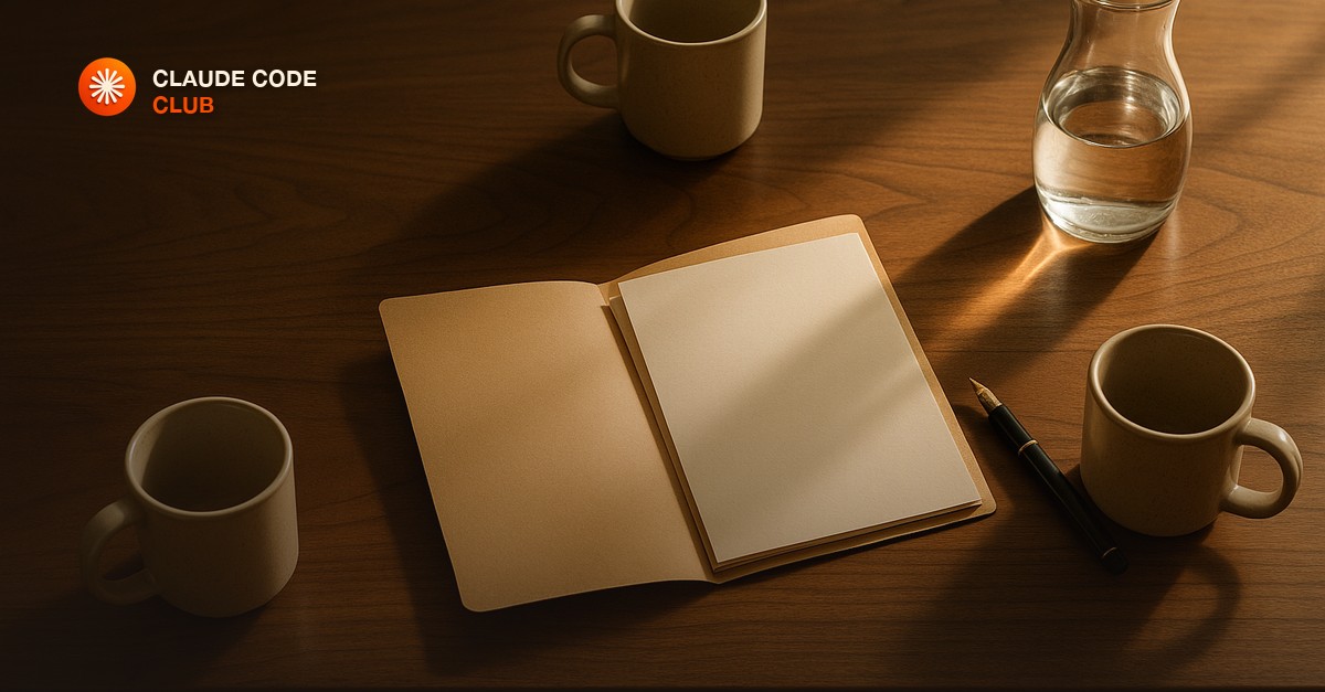 An open kraft folder with its papers fanned face up on a wide walnut table beside two empty mugs and an uncapped pen