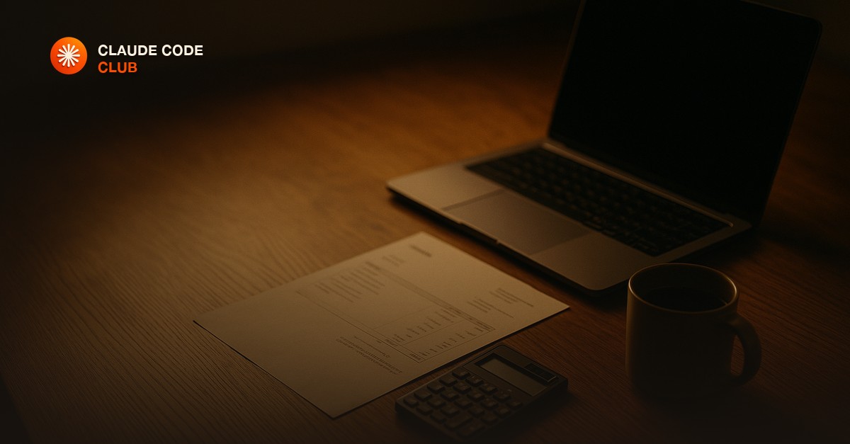 A wood desk in warm low light with an open laptop, a paper invoice, a small calculator and a coffee mug arranged together.