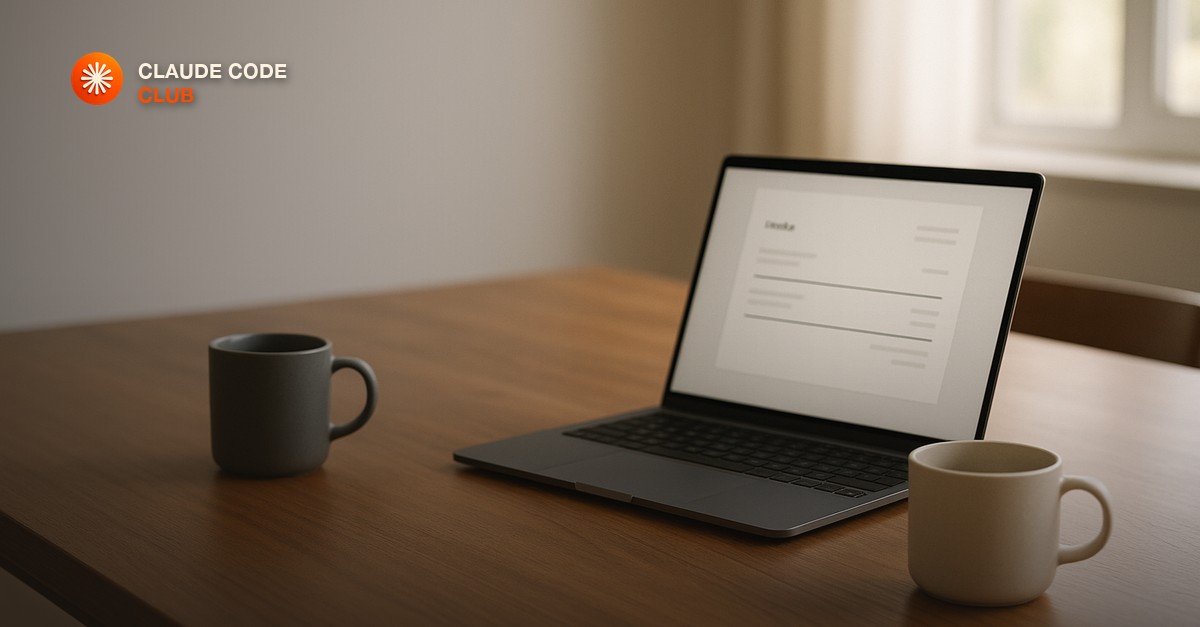 Two coffee cups and a laptop open to a simple two-line invoice on a wooden meeting table, soft morning light, calm mood