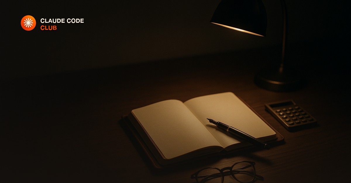 A moody walnut desk under a focused lamp with an open leather notebook, a fountain pen, a brass calculator and folded glasses, warm cinematic rim light