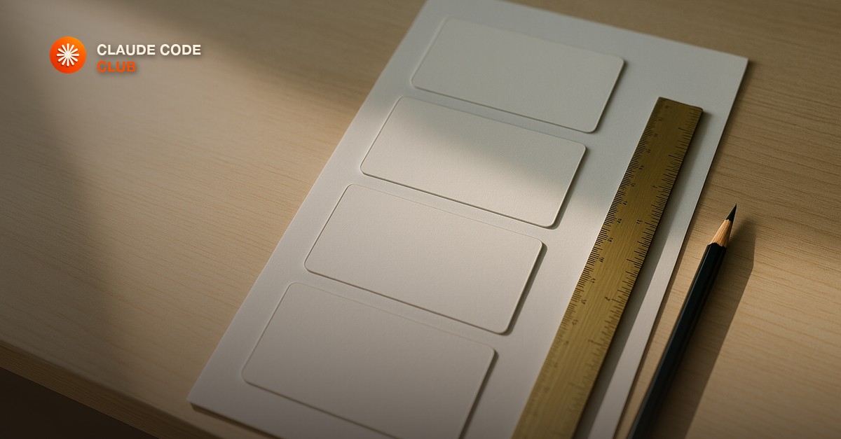 A clean desk with blank paper cards arranged in a vertical column beside a brass ruler and pencil