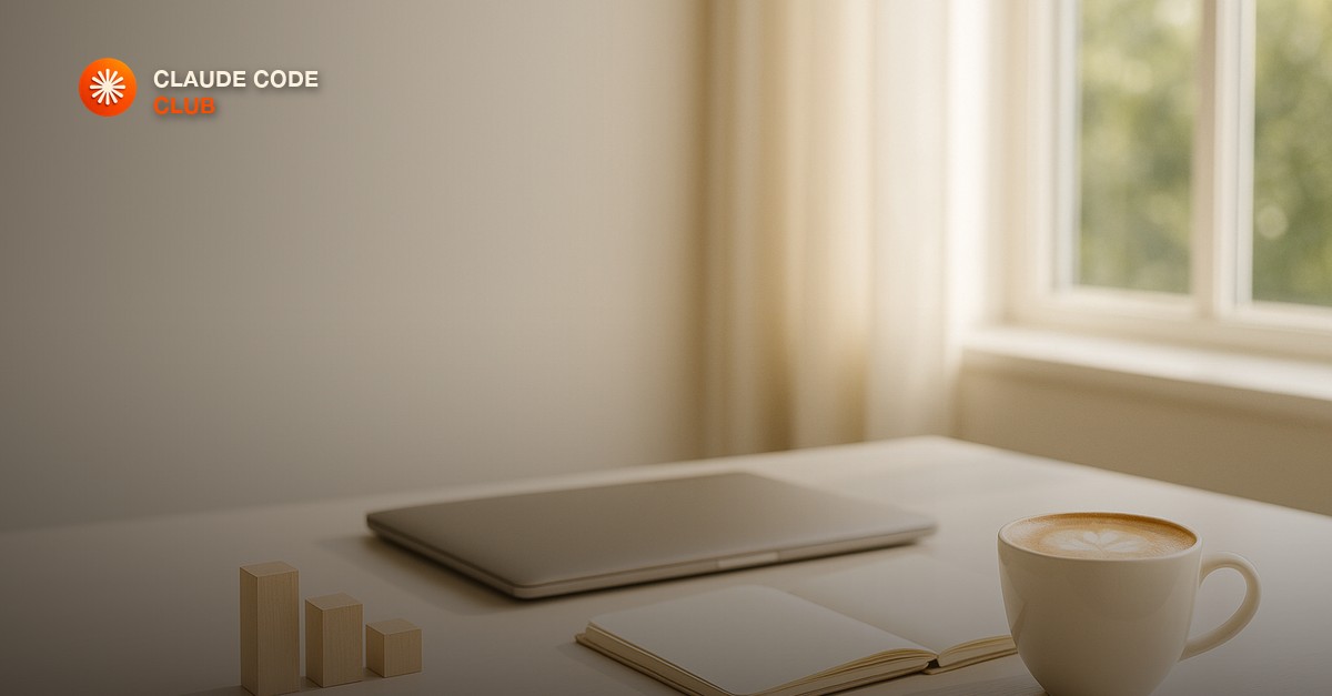 A bright airy desk by a large window in morning light with three small stacked wooden blocks of increasing height, a sleek closed laptop, a paper notebook and a warm latte, soft minimal editorial mood