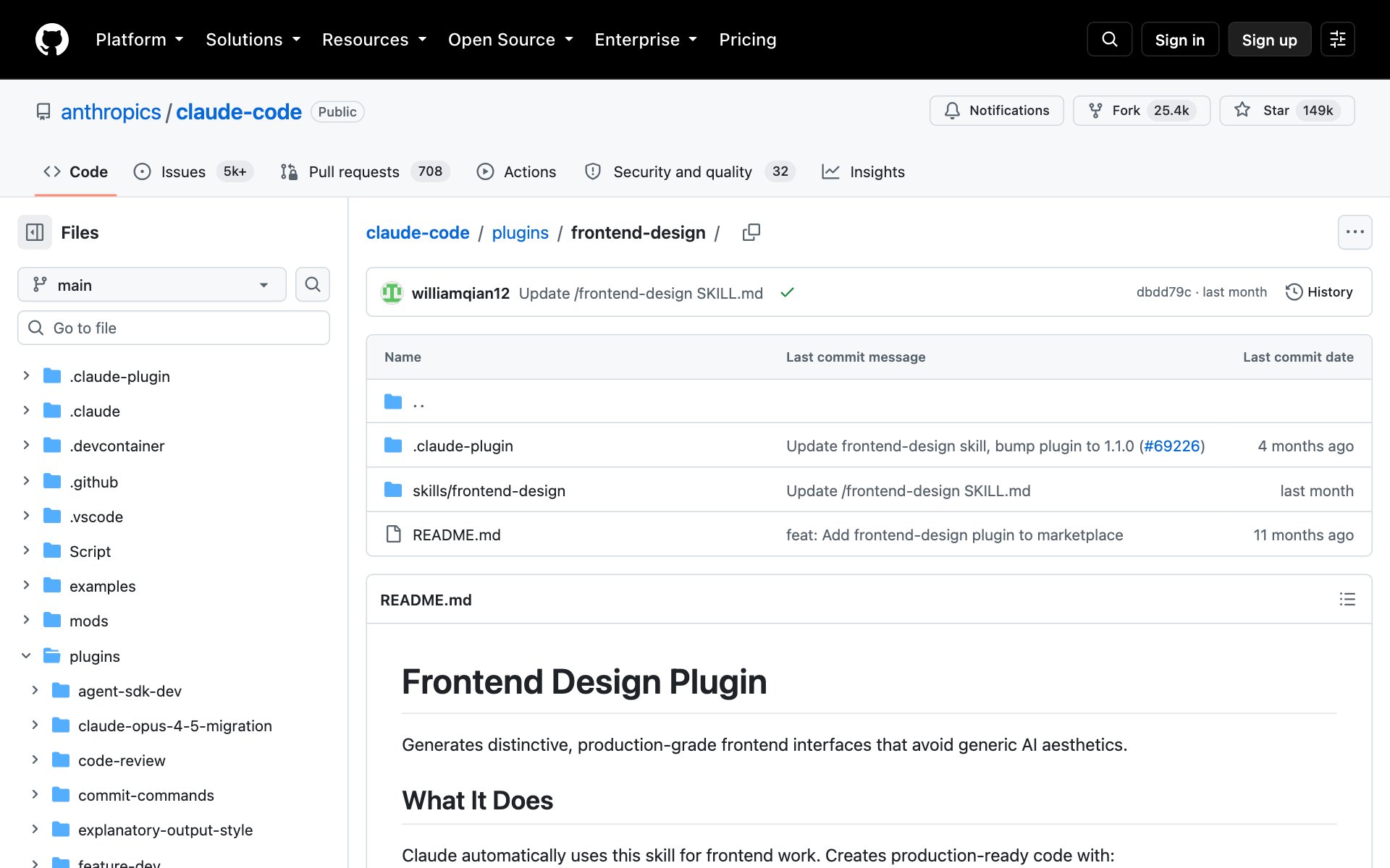 The Frontend Design plugin folder inside Anthropic's Claude Code repo