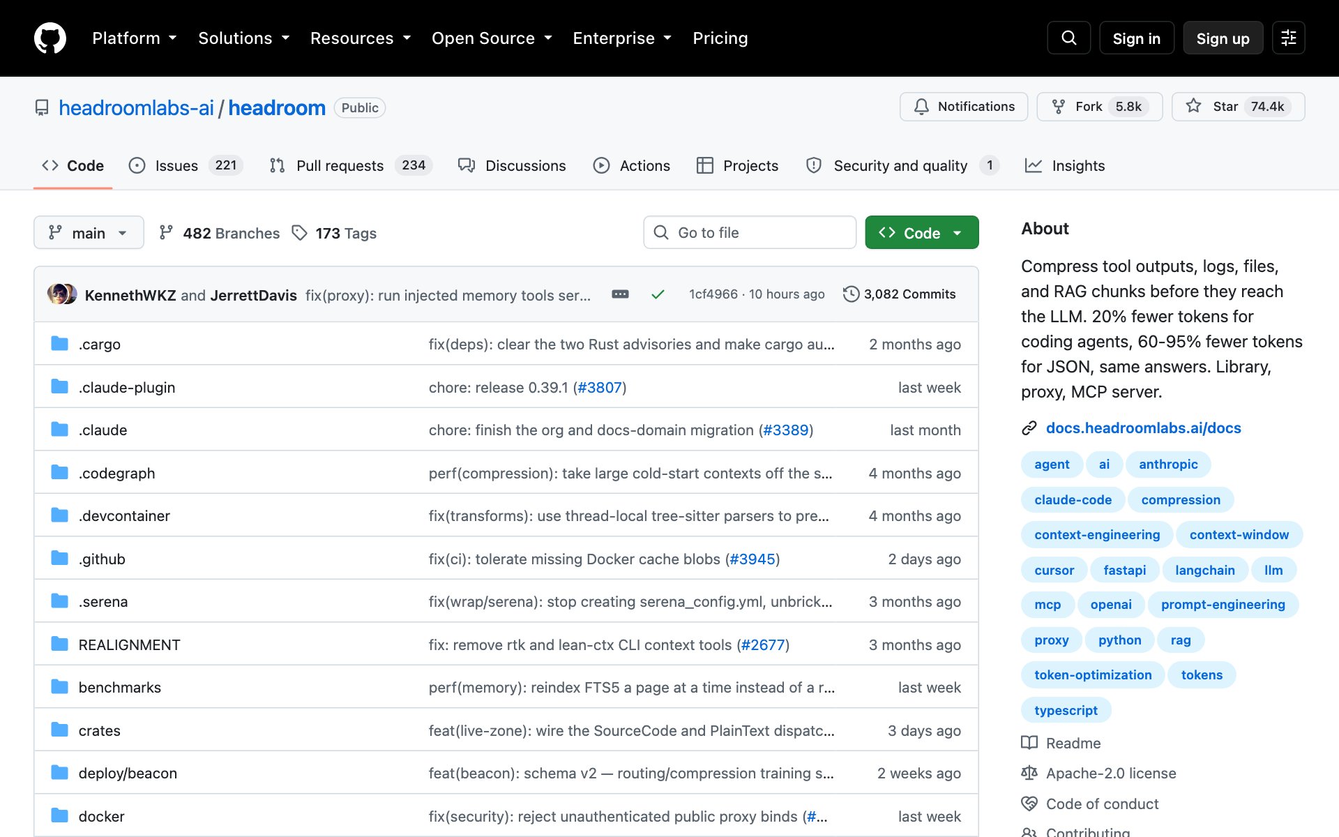 The Headroom repo on GitHub with its star count