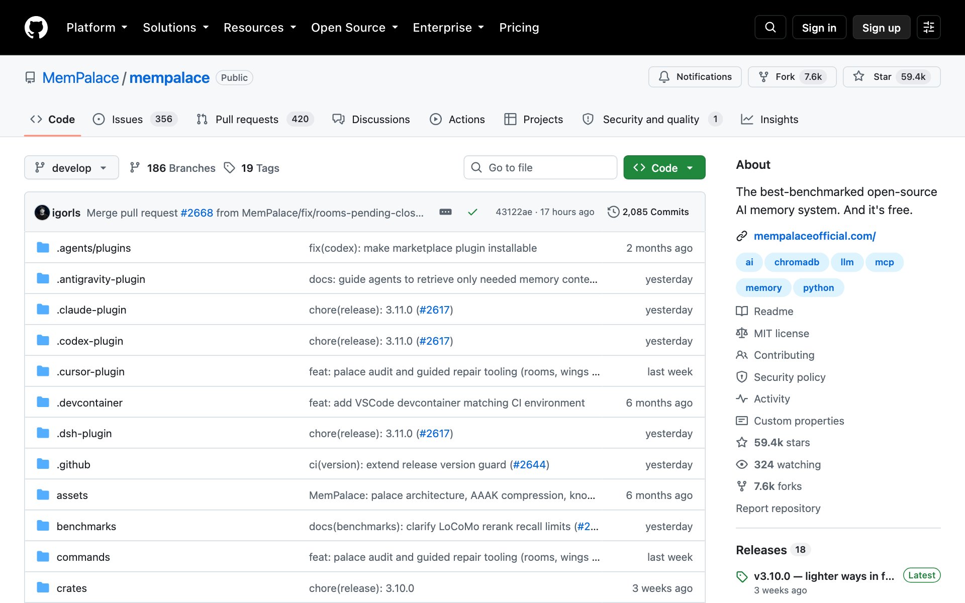 The MemPalace repo on GitHub with its star count