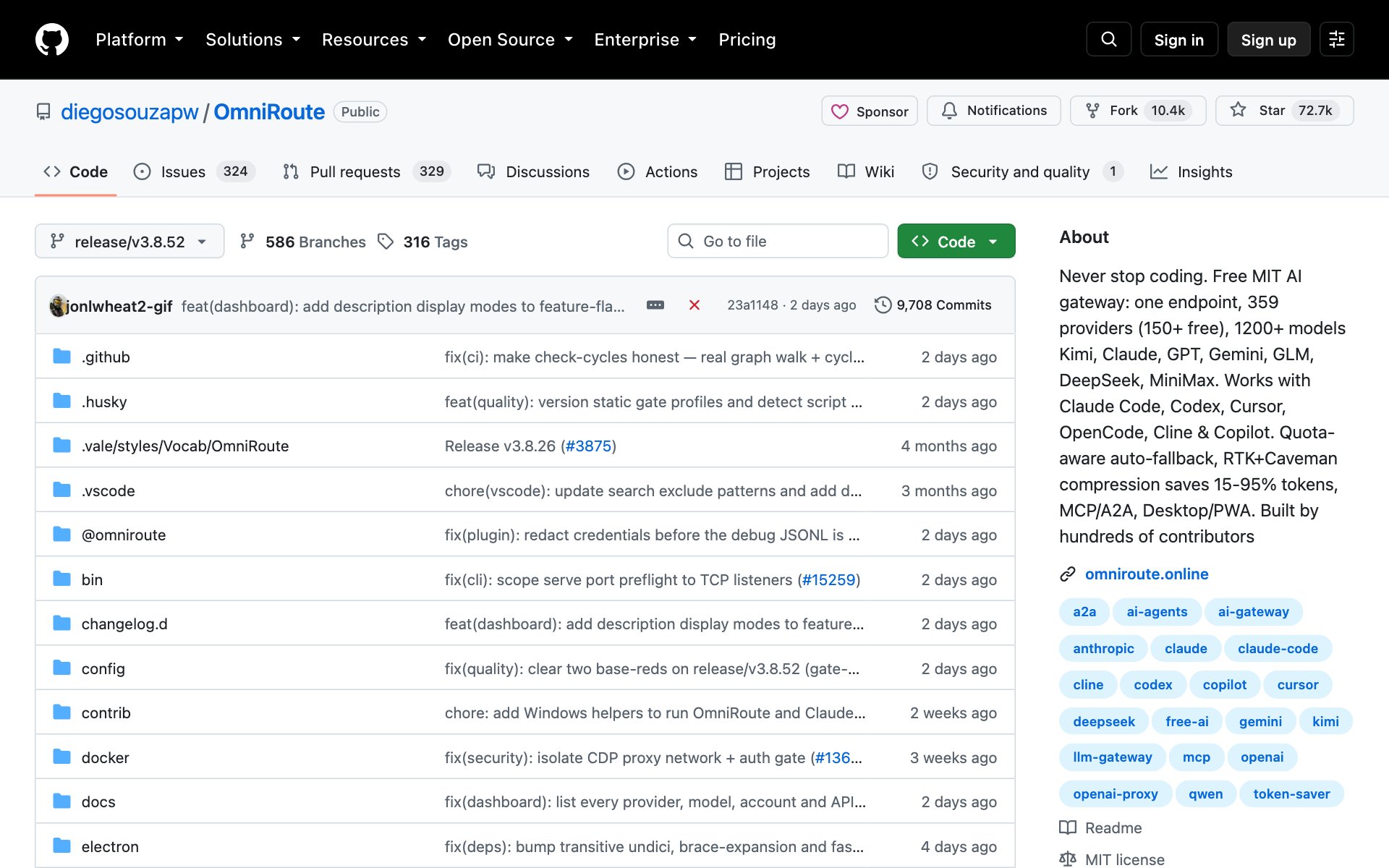 The OmniRoute repo on GitHub with its star count
