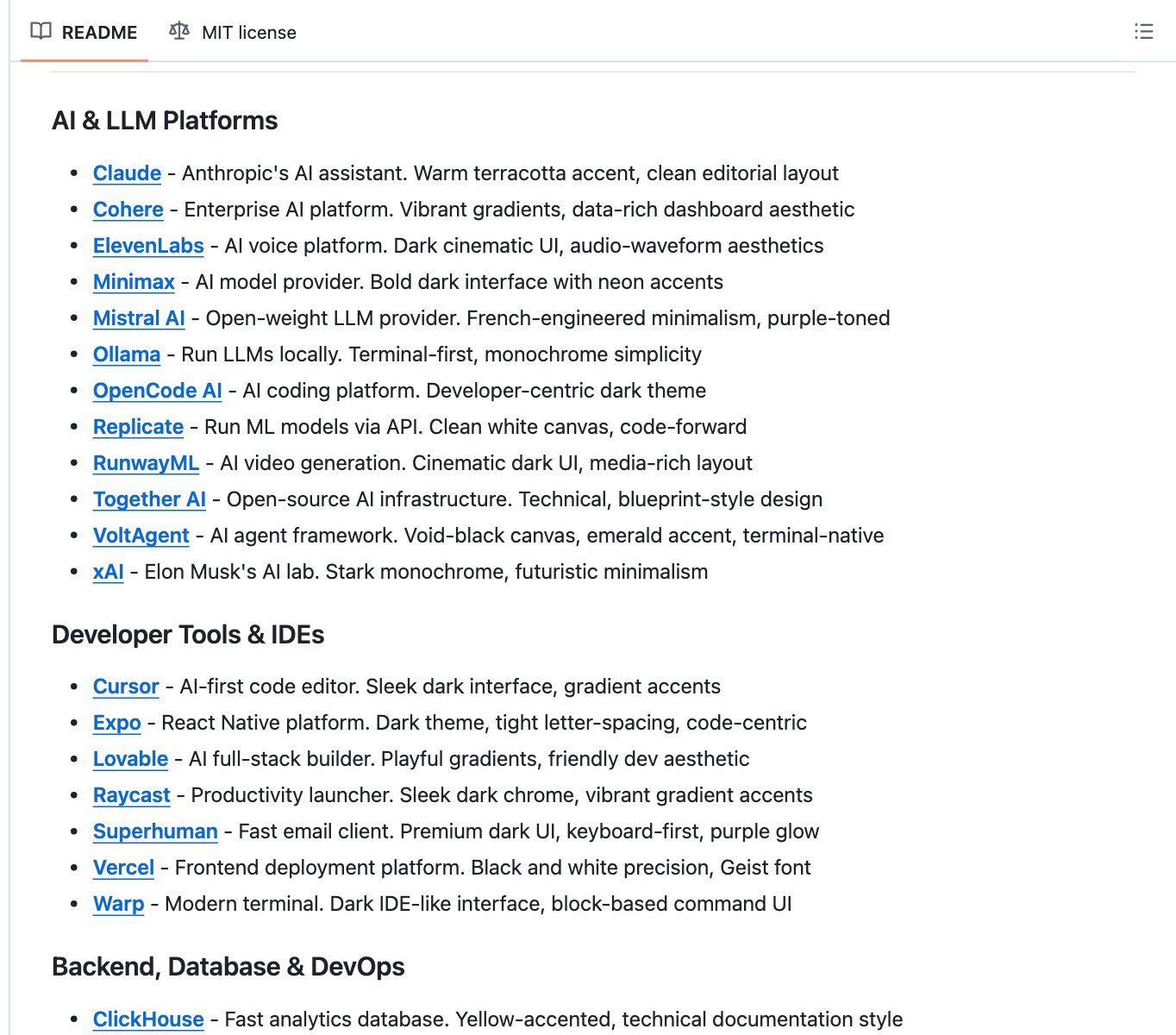 Part of the Awesome Claude Design list: AI and developer tool brands, each with a one-line description of its look