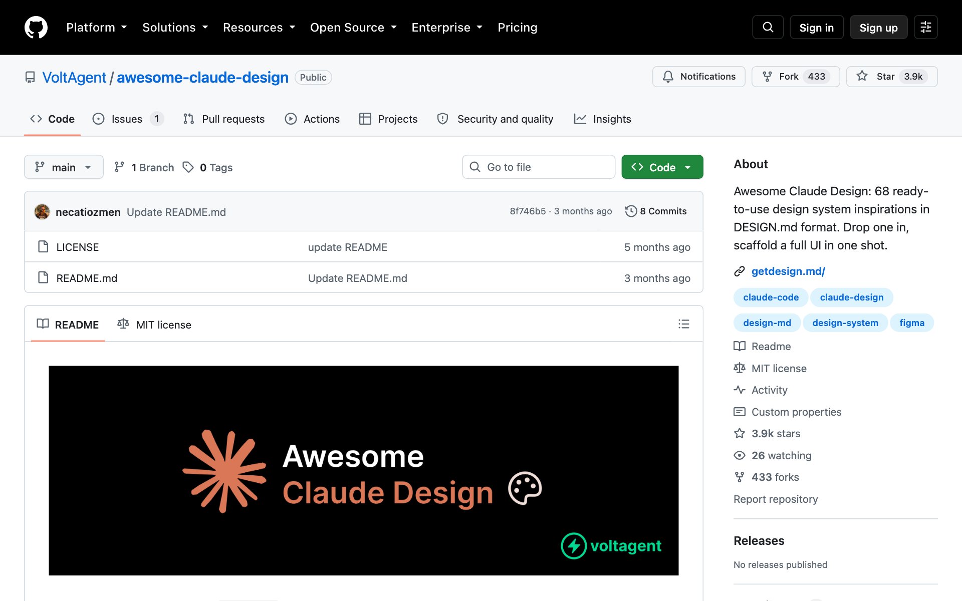 The Awesome Claude Design repo on GitHub with its star count and banner