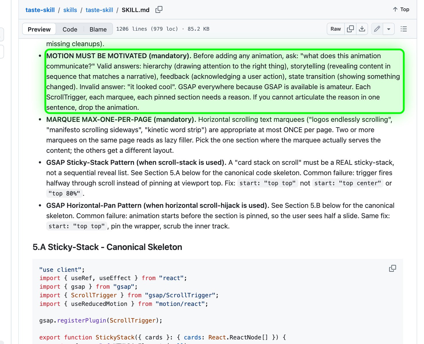 The Taste Skill file on GitHub with the rule 'MOTION MUST BE MOTIVATED' highlighted