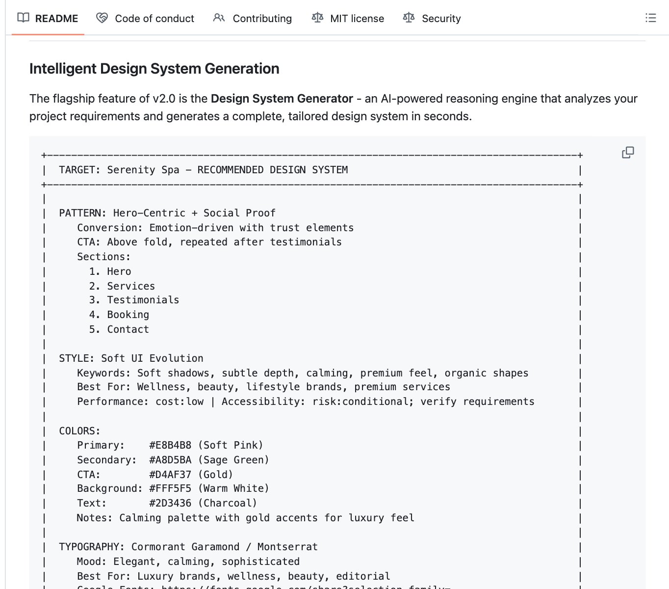 A sample design system from UI/UX Pro Max for a spa: page pattern, style, colors, fonts, effects, things to avoid and a pre-delivery checklist
