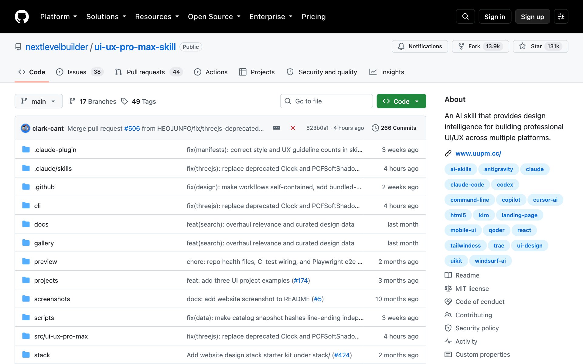 The UI/UX Pro Max skill repo on GitHub with its star count