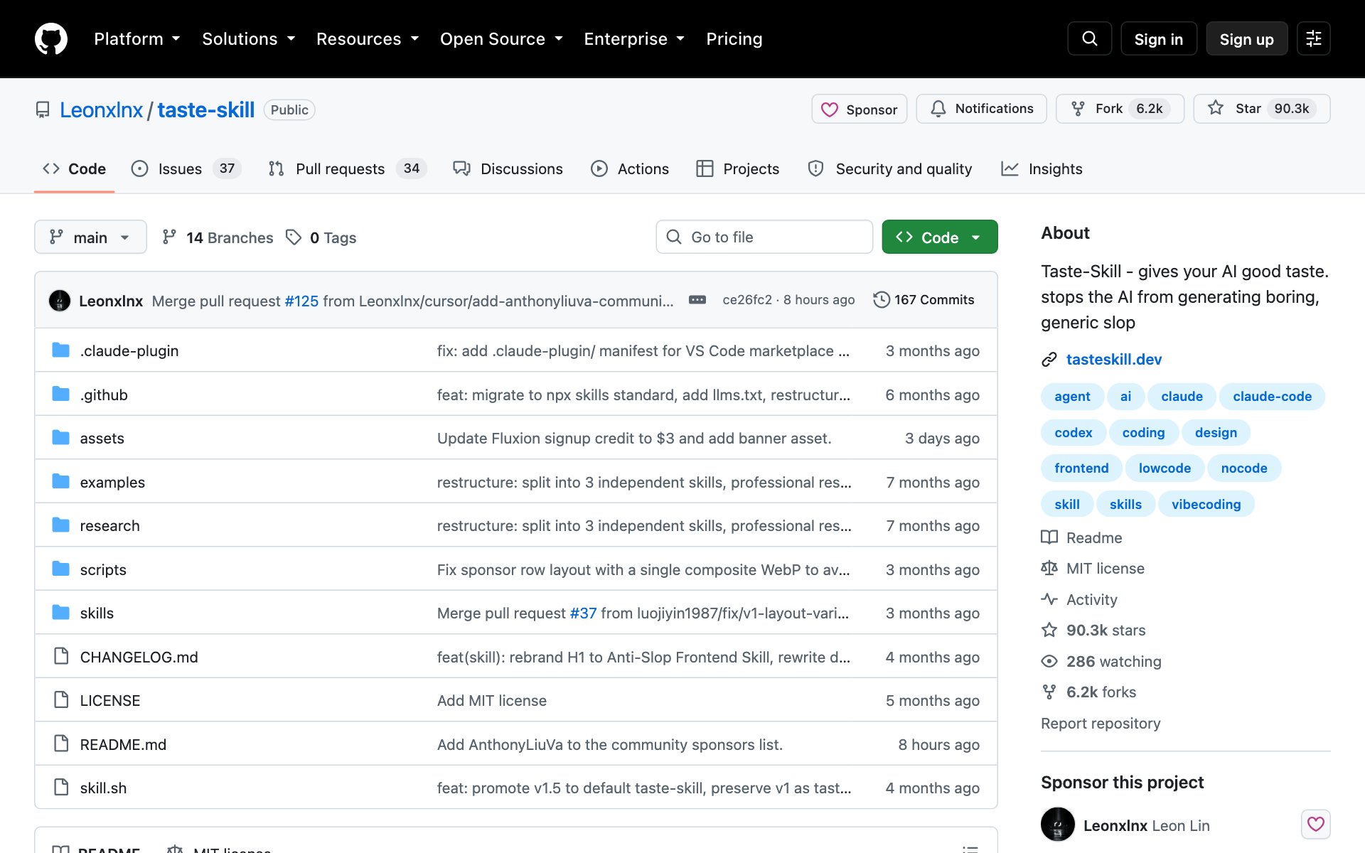 The Taste Skill repo on GitHub with its star count and the Anti-Slop Frontend Framework banner