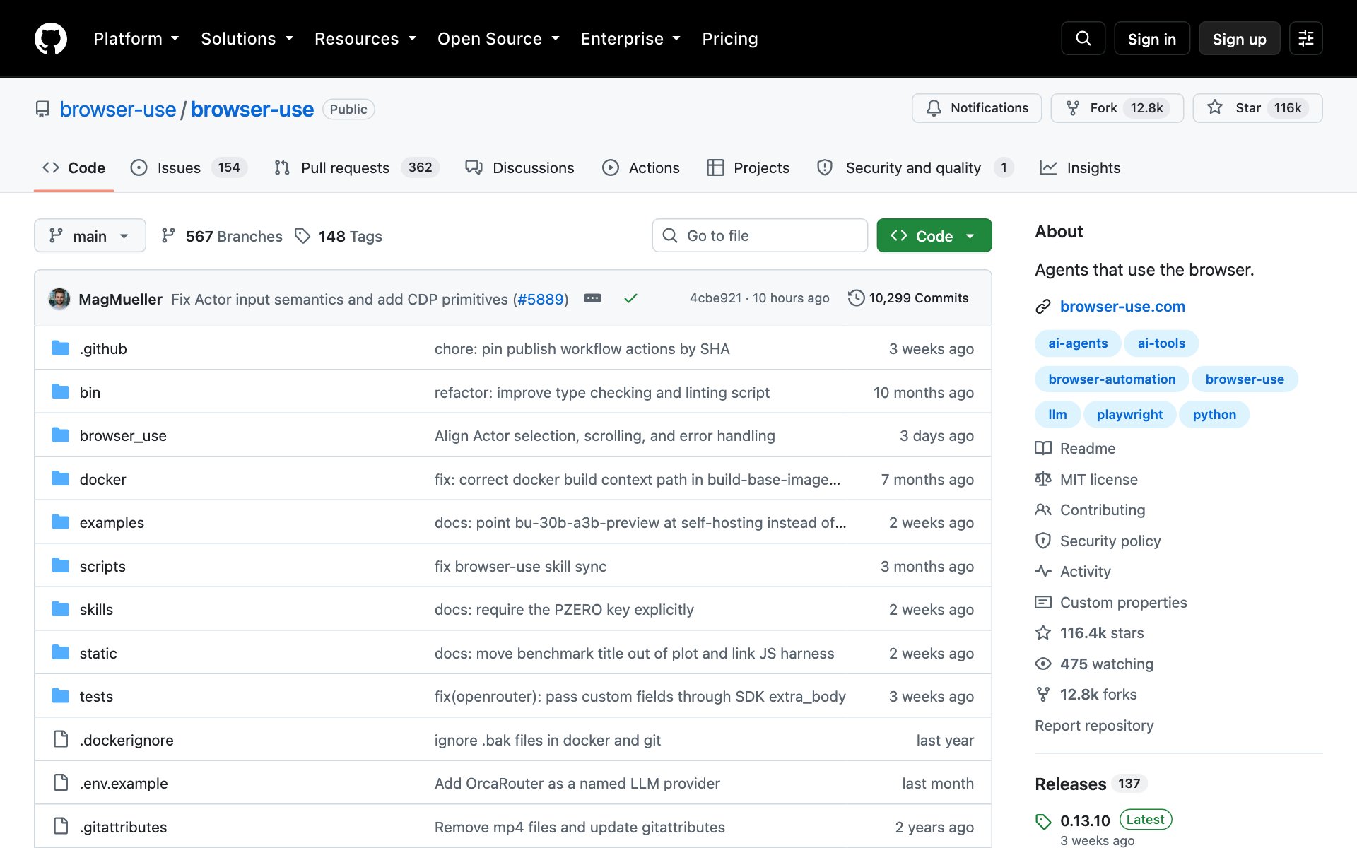 The browser-use repo page on GitHub, with 116k stars